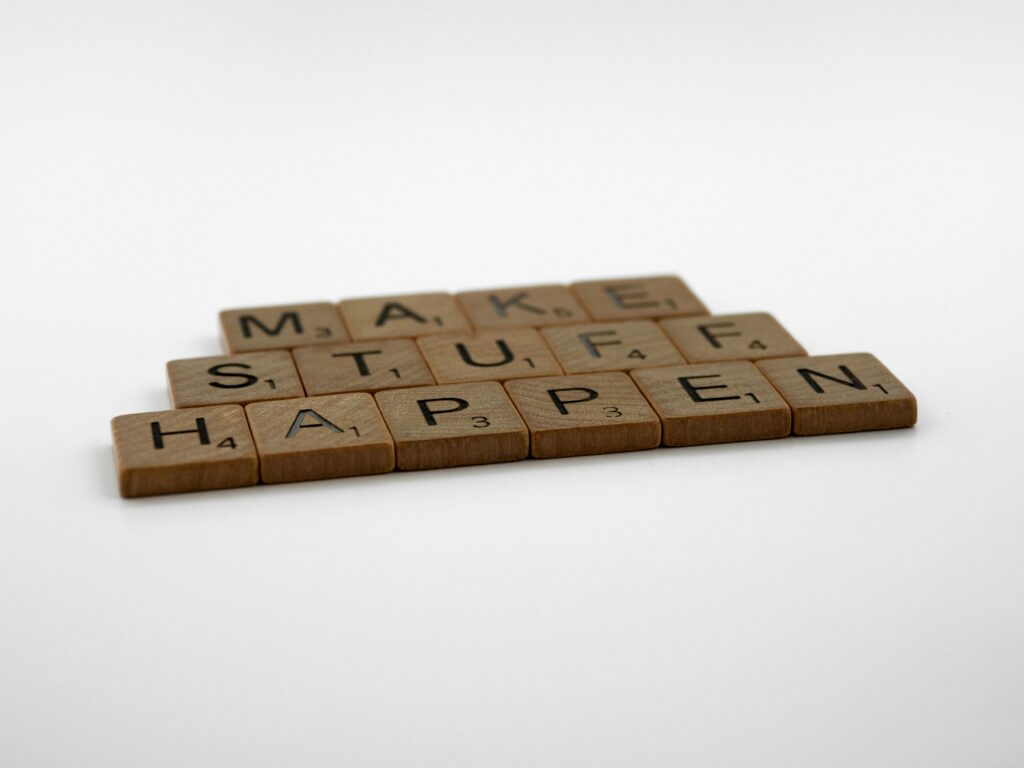 scrabble, scrabble pieces, lettering, letters, wood, scrabble tiles, white background, words, quote, letters, type, typography, design, layout, focus, bokeh, blur, photography, images, image, make stuff happen, initiate, innovate, work, just do it, carpe diem, yolo, procrastination, nocrastination,